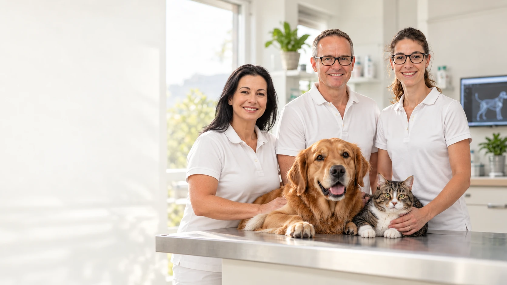 Das Praxisteam mit Hund und Katze in der Tierarztpraxis